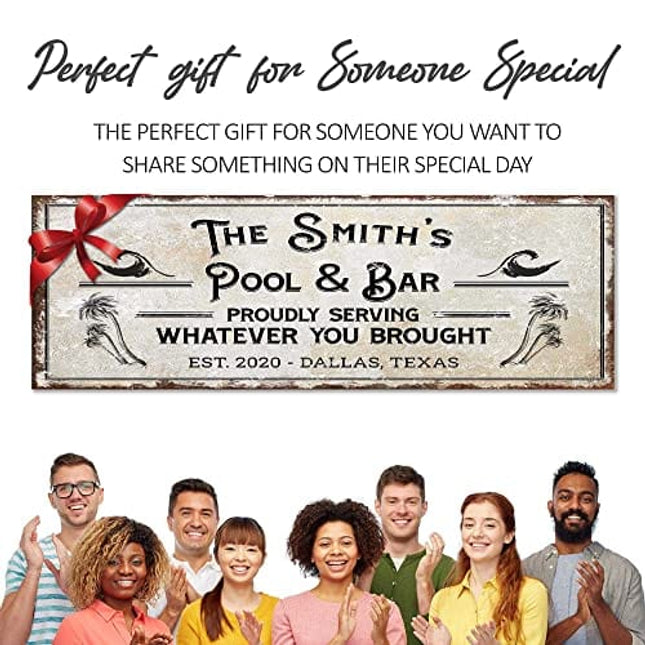 TAILORED CANVASES Bar Sign Custom Decor - Pool and Bar Proudly Serving Whatever You Brought - Canvas Wall Art Printable Personalized for Man Cave, Kitchen, Pub & Diner - Rustic Dirty White, 48x16in