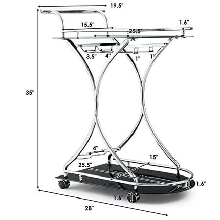 Tangkula Rolling Bar Cart, Glass Serving Cart with Metal Frame and 2 Tempered Glass Shelves, Tea/Wine Serving Bar Cart with 4 Wheels, Ideal for Kitchen, Hotel or Restaurant (Silver & Black)
