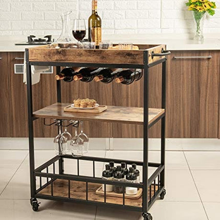 Tayene Bar Serving Cart Home Myra Rustic Mobile Kitchen Serving cart,Industrial Vintage Style Wood Metal Serving Trolley (Rustic Brown-A)