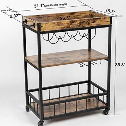 Tayene Bar Serving Cart Home Myra Rustic Mobile Kitchen Serving cart,Industrial Vintage Style Wood Metal Serving Trolley (Rustic Brown-A)