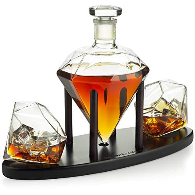 The Wine Savant Diamond Whiskey Decanter l With 2 Diamond Glasses Liquor, Scotch, Rum, Bourbon, Vodka, Tequila Decanter (750 ML DECANTER)