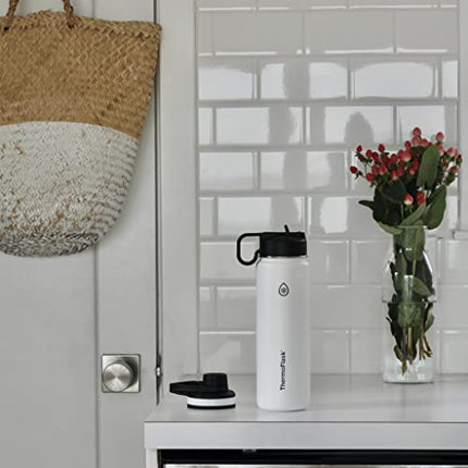 Thermoflask Double Wall Vacuum Stainless Steel Insulated Water Bottle with Two Lids, 24 Ounce, White