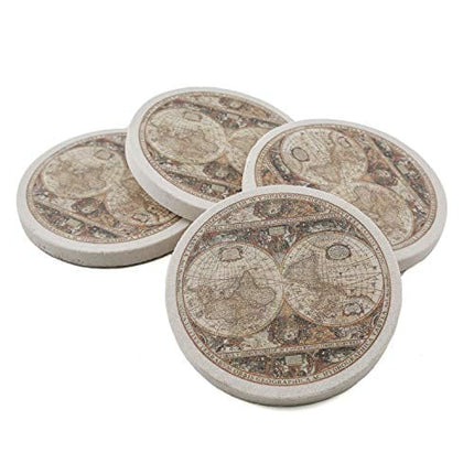 Thirstystone Old World Passages Printed Sandstone Coasters, All Natural Stone with Non-Slip Cork Backing, Drink Absorbent & Protects Table, Set of 4,Antique Map