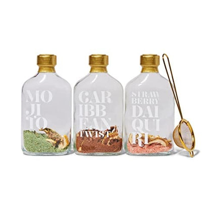 Thoughtfully Cocktails, Make Your Own Rum Infusion Cocktail Gift Set, Includes Mojito, Strawberry Daiquiri and Caribbean Rum Infusion Flavors in Glass Bottles, Set of 3 (Includes NO Alcohol)