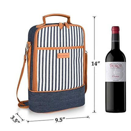 Tirrinia Insulated 2 Bottle Wine Gift Tote Bag - Wine Tumbler Glass Cooler Carrier for BYOB Restaurants, Wine Tasting, Travel, Park, Beach, Great Wine Lover Gift, Denim Stripe