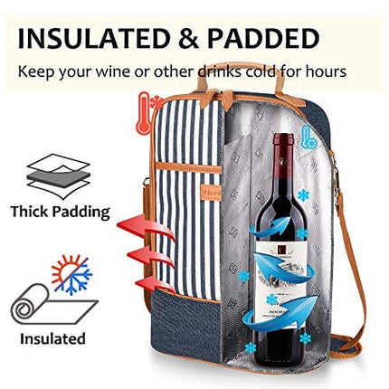 Tirrinia Insulated 2 Bottle Wine Gift Tote Bag - Wine Tumbler Glass Cooler Carrier for BYOB Restaurants, Wine Tasting, Travel, Park, Beach, Great Wine Lover Gift, Denim Stripe