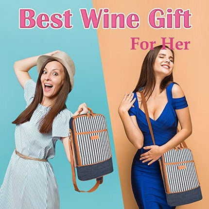 Tirrinia Insulated 2 Bottle Wine Gift Tote Bag - Wine Tumbler Glass Cooler Carrier for BYOB Restaurants, Wine Tasting, Travel, Park, Beach, Great Wine Lover Gift, Denim Stripe