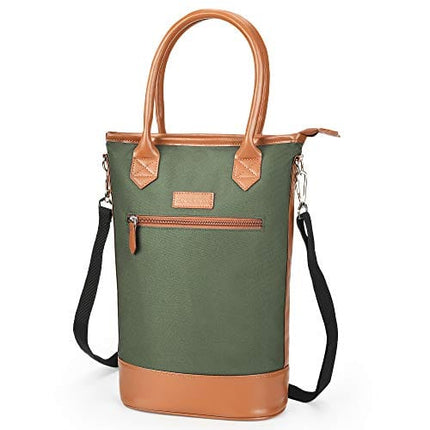 Tirrinia Insulated Wine Gift carrier Tote - Travel Padded 2 Bottle Wine/Champagne Cooler Bag with Handle and Adjustable Shoulder Strap, Great Wine Lover Gift, Olive
