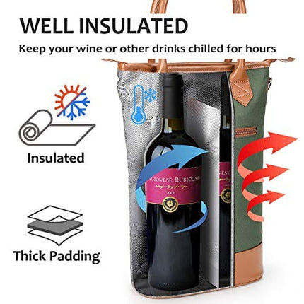 Tirrinia Insulated Wine Gift carrier Tote - Travel Padded 2 Bottle Wine/Champagne Cooler Bag with Handle and Adjustable Shoulder Strap, Great Wine Lover Gift, Olive
