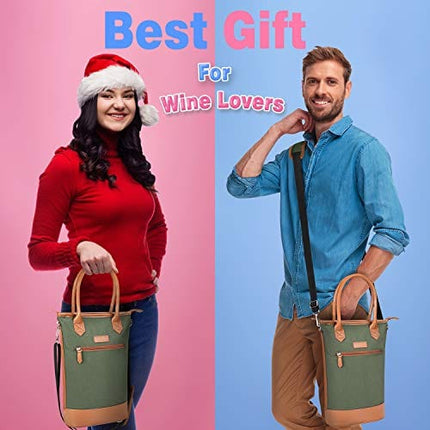 Tirrinia Insulated Wine Gift carrier Tote - Travel Padded 2 Bottle Wine/Champagne Cooler Bag with Handle and Adjustable Shoulder Strap, Great Wine Lover Gift, Olive