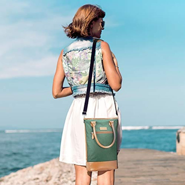 Tirrinia Insulated Wine Gift carrier Tote - Travel Padded 2 Bottle Wine/Champagne Cooler Bag with Handle and Adjustable Shoulder Strap, Great Wine Lover Gift, Olive