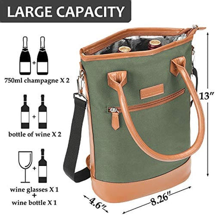 Tirrinia Insulated Wine Gift carrier Tote - Travel Padded 2 Bottle Wine/Champagne Cooler Bag with Handle and Adjustable Shoulder Strap, Great Wine Lover Gift, Olive
