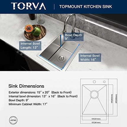 TORVA 15-Inch Drop-in Kitchen Sink, 16 Gauge Stainless Steel Topmount Single Bowl - 9 Inches Deep Bar/Prep Basin