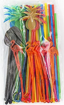 Bar Caddy Supplies (60 Pack) – Assorted Swizzle Sticks/Drink Stirrers (12 of Each Design) – Disposable Flexible Drinking Straws in 2 Sizes – Small Bar Party Supply Refill Pack for Bar Organizer