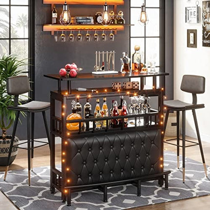 Tribesigns Bar Unit for Home Liquor, Black Entertainment Bar Upholstered Bar Table with Storage and Metal Front Footrest for Home,Balcony