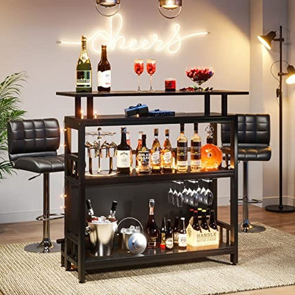 Tribesigns Bar Unit for Home Liquor, Black Entertainment Bar Upholstered Bar Table with Storage and Metal Front Footrest for Home,Balcony