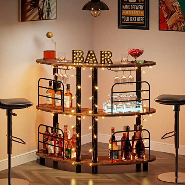 Tribesigns Bar Unit for Liquor, 3 Tier Bar Cabinet with Storage Shelves, Corner Bar Table with Wine Glasses Holder for Home/Kitchen/Bar/Pub (Rustic Brown)