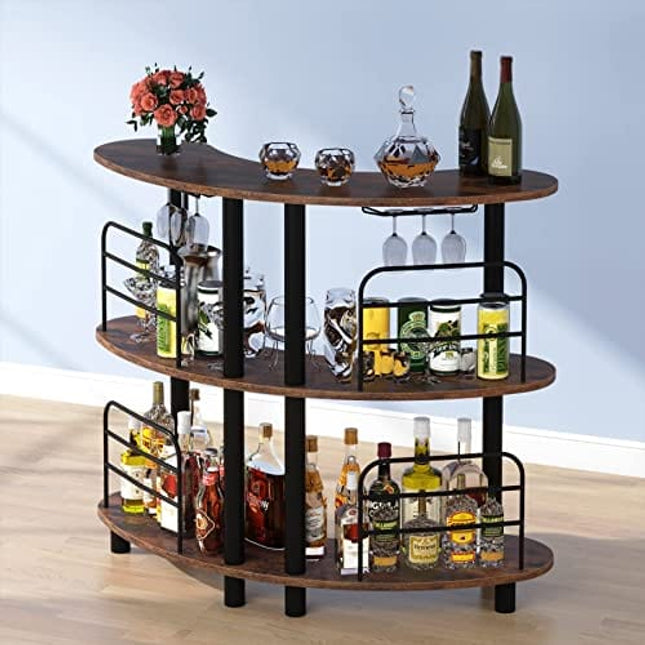Tribesigns Bar Unit for Liquor, 3 Tier Bar Cabinet with Storage Shelves, Corner Bar Table with Wine Glasses Holder for Home/Kitchen/Bar/Pub (Rustic Brown)