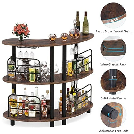 Tribesigns Bar Unit for Liquor, 3 Tier Bar Cabinet with Storage Shelves, Corner Bar Table with Wine Glasses Holder for Home/Kitchen/Bar/Pub (Rustic Brown)