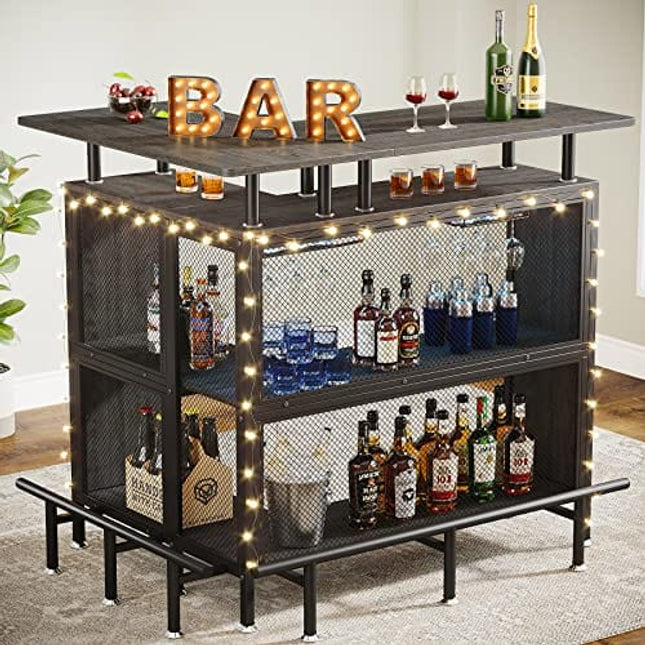 Tribesigns Home Bar Unit, L-Shaped Liquor Bar Table with Stemware Racks and 2-Tier Shelves, Corner Mini Bar Cabinet Coffee Bar Table with Footrest for Home/Kitchen/Bar/Pub, Bar Table, Gray