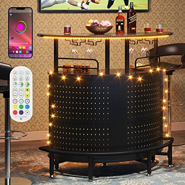Tribesigns Smart Bar Unit with Led Lights, 3-Tier Liquor Bar Table with Wine Glasses Holder and Storage Shelves, Wine Bar Cabinet with Metal Mesh & Footrest Mini Bar Buffet Sideboard for Home Kitchen
