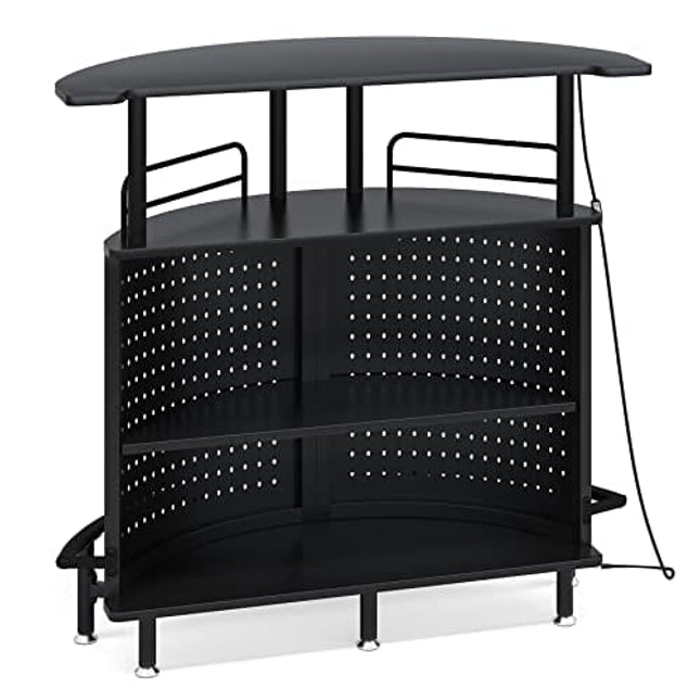 Tribesigns Smart Bar Unit with Led Lights, 3-Tier Liquor Bar Table with Wine Glasses Holder and Storage Shelves, Wine Bar Cabinet with Metal Mesh & Footrest Mini Bar Buffet Sideboard for Home Kitchen