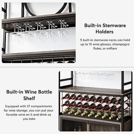 Tribesigns Wine Bar Cabinet 75 Inch Tall Wine Rack Freestanding Floor with Glass Holder and Storage Shelf, 27-Bottle Industrial Liquor Cabinet with Cabinet for Living Room, Home Bar