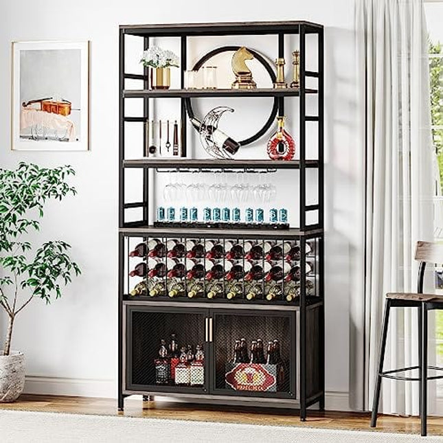 Tribesigns Wine Bar Cabinet 75 Inch Tall Wine Rack Freestanding Floor with Glass Holder and Storage Shelf, 27-Bottle Industrial Liquor Cabinet with Cabinet for Living Room, Home Bar