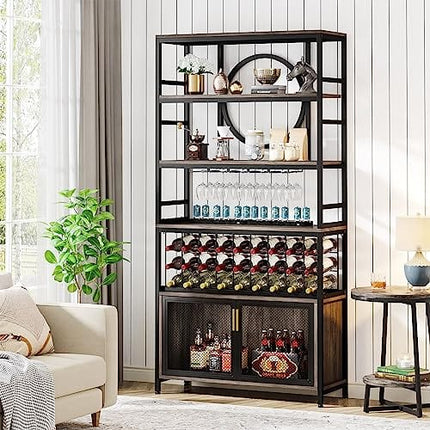 Tribesigns Wine Bar Cabinet 75 Inch Tall Wine Rack Freestanding Floor with Glass Holder and Storage Shelf, 27-Bottle Industrial Liquor Cabinet with Cabinet for Living Room, Home Bar