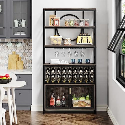 Tribesigns Wine Bar Cabinet 75 Inch Tall Wine Rack Freestanding Floor with Glass Holder and Storage Shelf, 27-Bottle Industrial Liquor Cabinet with Cabinet for Living Room, Home Bar