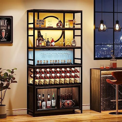 Tribesigns Wine Bar Cabinet 75 Inch Tall Wine Rack Freestanding Floor with Glass Holder and Storage Shelf, 27-Bottle Industrial Liquor Cabinet with Cabinet for Living Room, Home Bar