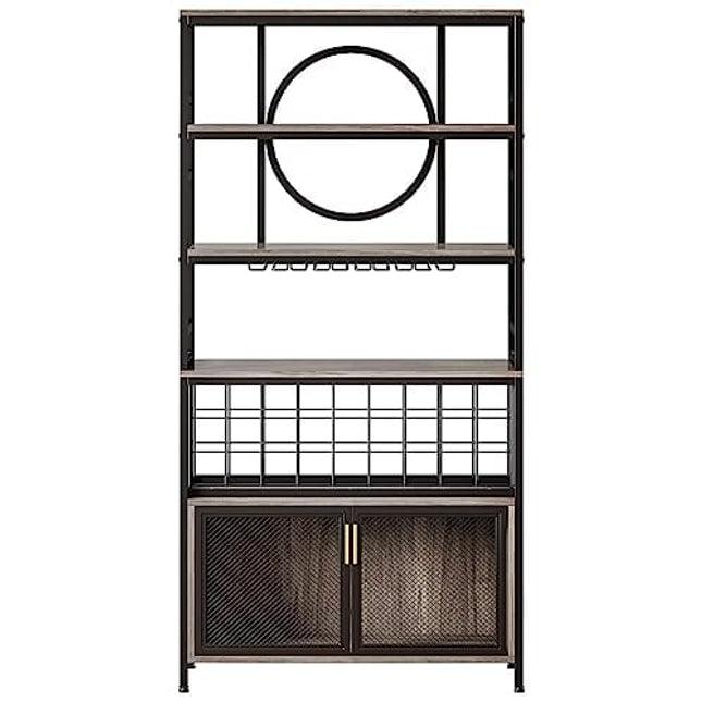 Tribesigns Wine Bar Cabinet 75 Inch Tall Wine Rack Freestanding Floor with Glass Holder and Storage Shelf, 27-Bottle Industrial Liquor Cabinet with Cabinet for Living Room, Home Bar