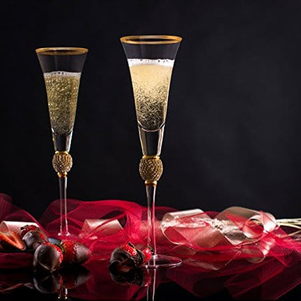 Trinkware Wedding Champagne Flutes - Rhinestone DIAMOND Studded Toasting Glasses With Gold Rim - Long Stem, 7oz, 11-inches Tall – Elegant Glassware And Stemware - Set of 2 For Bride And Groom