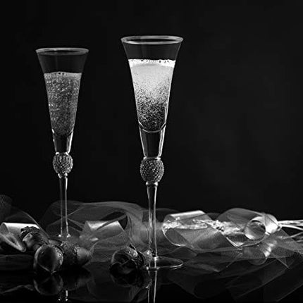 Trinkware Wedding Champagne Flutes - Rhinestone DIAMOND Studded Toasting Glasses With Gold Rim - Long Stem, 7oz, 11-inches Tall – Elegant Glassware And Stemware - Set of 2 For Bride And Groom