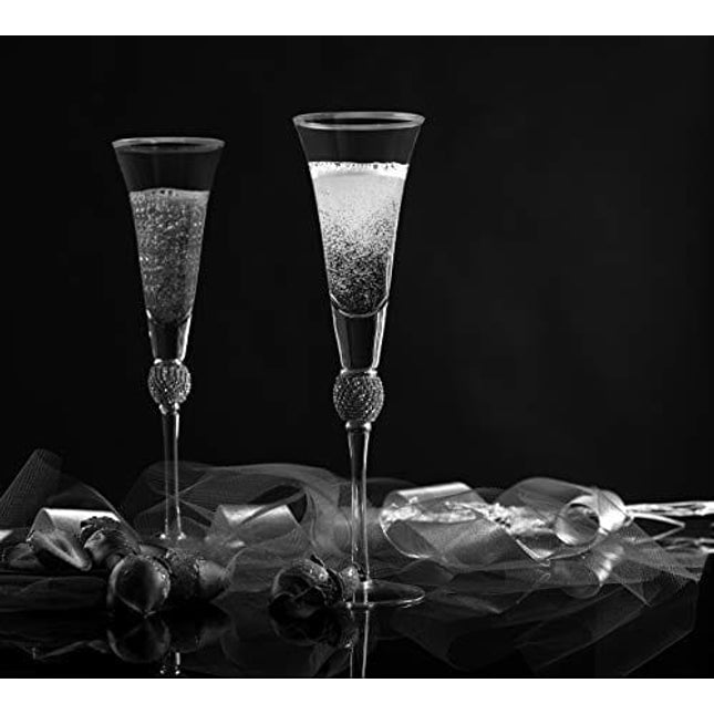 Trinkware Wedding Champagne Flutes - Rhinestone DIAMOND Studded Toasting Glasses With Gold Rim - Long Stem, 7oz, 11-inches Tall – Elegant Glassware And Stemware - Set of 2 For Bride And Groom