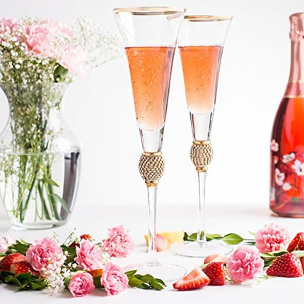 Trinkware Wedding Champagne Flutes - Rhinestone DIAMOND Studded Toasting Glasses With Gold Rim - Long Stem, 7oz, 11-inches Tall – Elegant Glassware And Stemware - Set of 2 For Bride And Groom