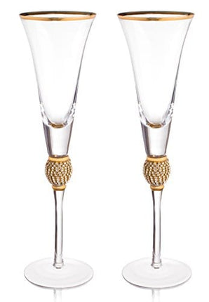 Trinkware Wedding Champagne Flutes - Rhinestone DIAMOND Studded Toasting Glasses With Gold Rim - Long Stem, 7oz, 11-inches Tall – Elegant Glassware And Stemware - Set of 2 For Bride And Groom