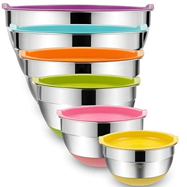 Umite Chef Mixing Bowls with Airtight Lids, 6 Piece Stainless Steel Metal Bowls, Measurement Marks & Colorful Non-Slip Bottoms Size 7, 3.5, 2.5, 2.0,1.5, 1QT, Great for Mixing & Serving