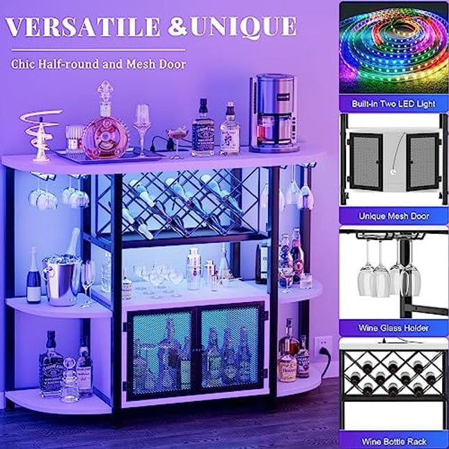 Unikito Bar Table with Double LED Lights and Power Outlet, Freestanding Wine Rack Table with Glass Holder, Home Mini Bar with Storage, Bar Cabinet for Liquor and Glasses for Kitchen Dining Room, White