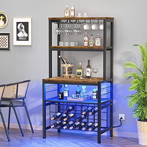 Unikito Wine Bar Cabinet with LED Light and Sockets, Industrial Coffee Bar Cabinet for Liquor and Glasses, Freestanding Wine Rack Table, Farmhouse Bar Cabinet with Adjustable Wine Racks, Rustic Brown