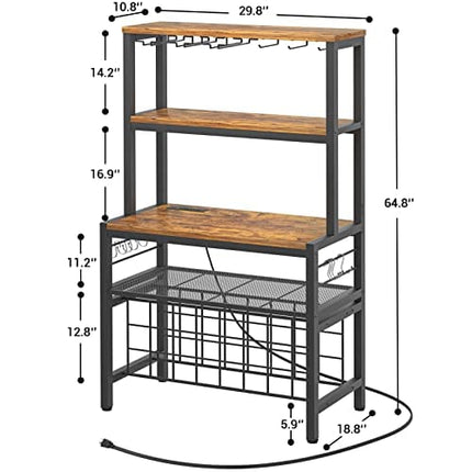 Unikito Wine Bar Cabinet with LED Light and Sockets, Industrial Coffee Bar Cabinet for Liquor and Glasses, Freestanding Wine Rack Table, Farmhouse Bar Cabinet with Adjustable Wine Racks, Rustic Brown