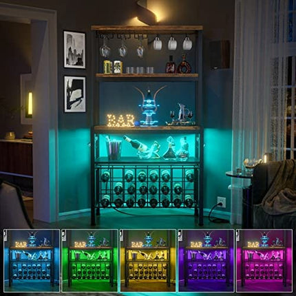 Unikito Wine Bar Cabinet with LED Light and Sockets, Industrial Coffee Bar Cabinet for Liquor and Glasses, Freestanding Wine Rack Table, Farmhouse Bar Cabinet with Adjustable Wine Racks, Rustic Brown