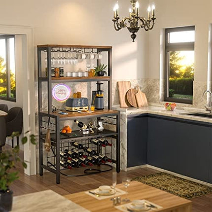 Unikito Wine Bar Cabinet with LED Light and Sockets, Industrial Coffee Bar Cabinet for Liquor and Glasses, Freestanding Wine Rack Table, Farmhouse Bar Cabinet with Adjustable Wine Racks, Rustic Brown