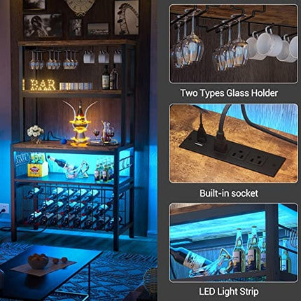 Unikito Wine Bar Cabinet with LED Light and Sockets, Industrial Coffee Bar Cabinet for Liquor and Glasses, Freestanding Wine Rack Table, Farmhouse Bar Cabinet with Adjustable Wine Racks, Rustic Brown