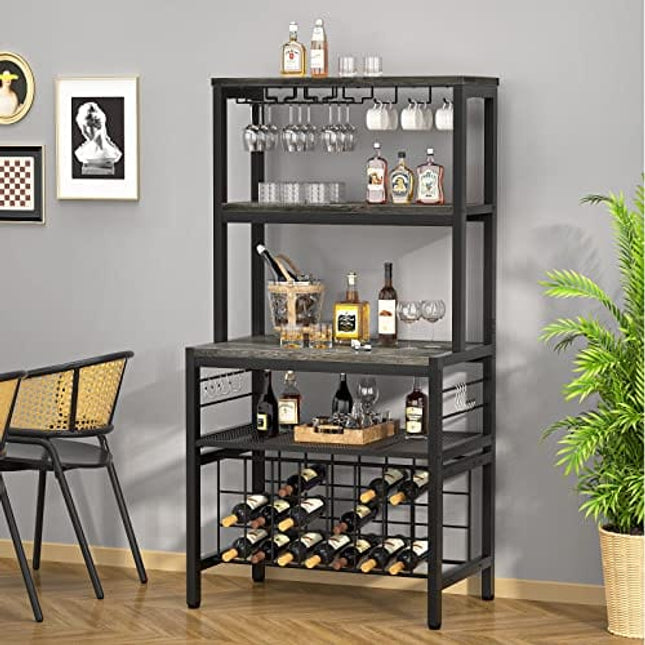 Unikito Wine Rack Table, FreeStanding Wine Bar Rack, Wine Coffee Bar Cabinet with GlassBottle Holder, Floor Liquor Wine Cabinet Storage, Multifunctional Bar Cabinet for Home Kitchen/Dining Room, Gray