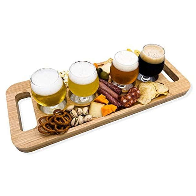 UNNA Flight Board with 4 Tulip Glasses - Premium Natural Bamboo Beer Flight & Wine Flight Tasting Set, Craft Beer Gift Set, Whiskey Flight Board, Tequila Flight Board, Unique Charcuterie Board