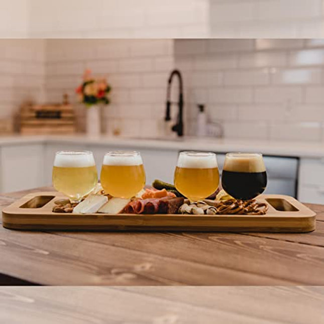 UNNA Flight Board with 4 Tulip Glasses - Premium Natural Bamboo Beer Flight & Wine Flight Tasting Set, Craft Beer Gift Set, Whiskey Flight Board, Tequila Flight Board, Unique Charcuterie Board