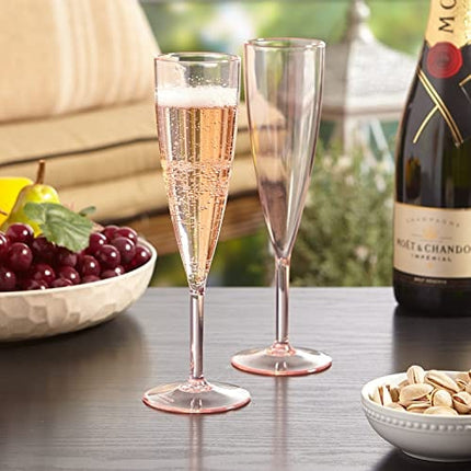 US Acrylic Plastic 5 ounce One Piece Champagne Flute in Rose | Set of 12 Wine Stems | Reusable, BPA-free, Made in the USA, Top-rack Dishwasher Safe
