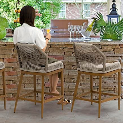 US Furnishing Indoor & Outdoor Waterproof Hand-Crafted Stool, Stool Bar Chair Rattan Chair Bar Stool High Stool Home Back Dining Chair Comfortable Simple & Beautiful (Bar Height 30'), Beige. Brown