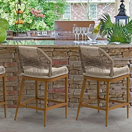 US Furnishing Indoor & Outdoor Waterproof Hand-Crafted Stool, Stool Bar Chair Rattan Chair Bar Stool High Stool Home Back Dining Chair Comfortable Simple & Beautiful (Bar Height 30'), Beige. Brown